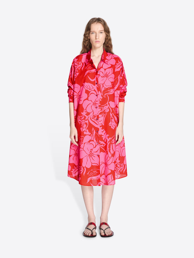 Woman wearing a red floral dress on a white background - Dries Van Noten