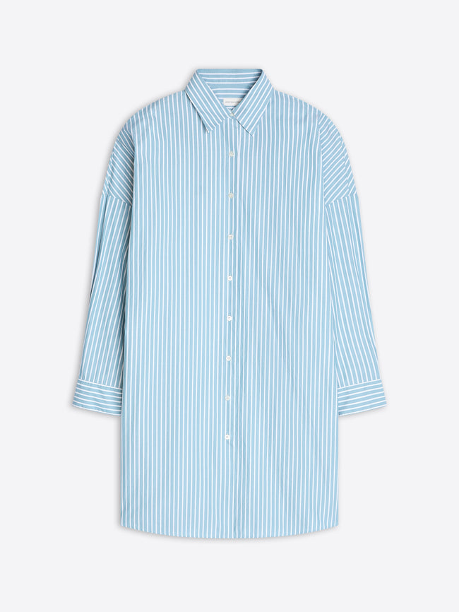Blue striped shirt dress on a white background. - Dries Van Noten