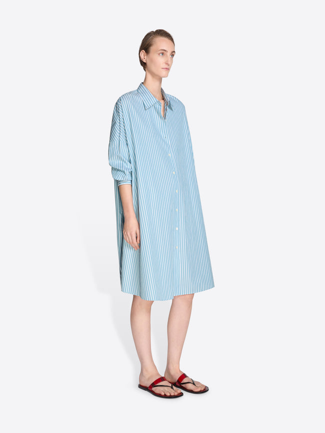 Woman wearing a blue shirt dress on a white background. - Dries Van Noten