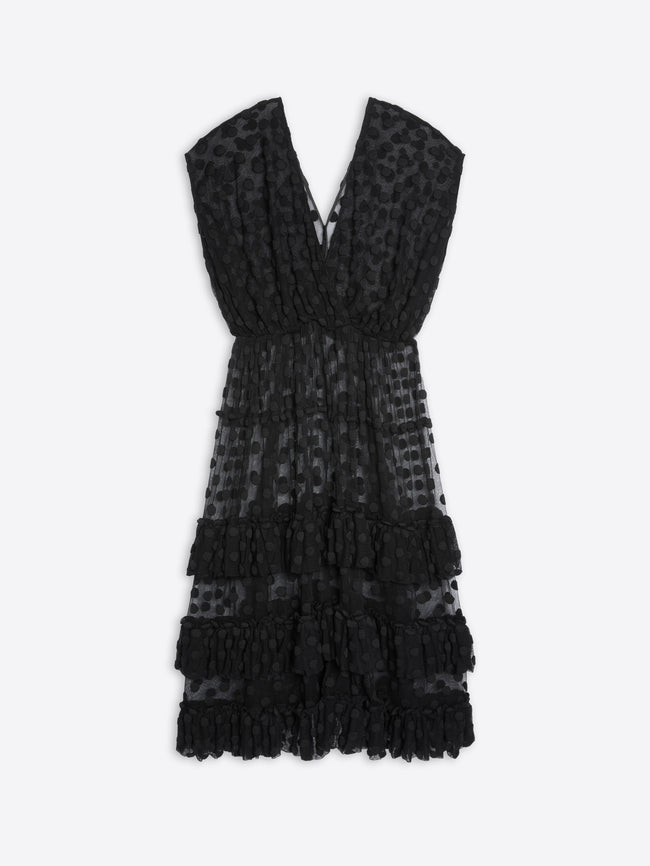 Black lace dress with ruffled layers on a white background - Dries Van Noten
