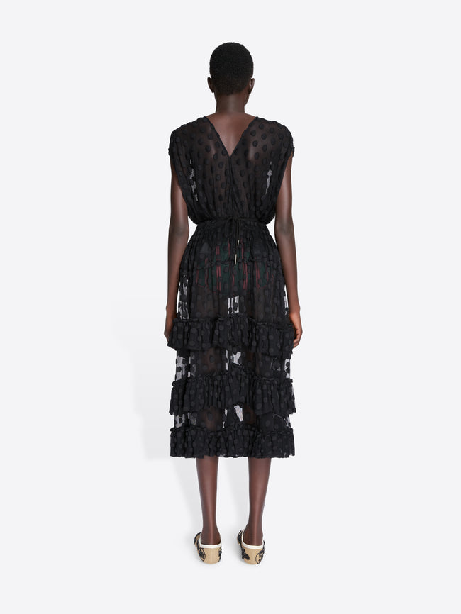 Black lace dress worn by a model on a white background - Dries Van Noten