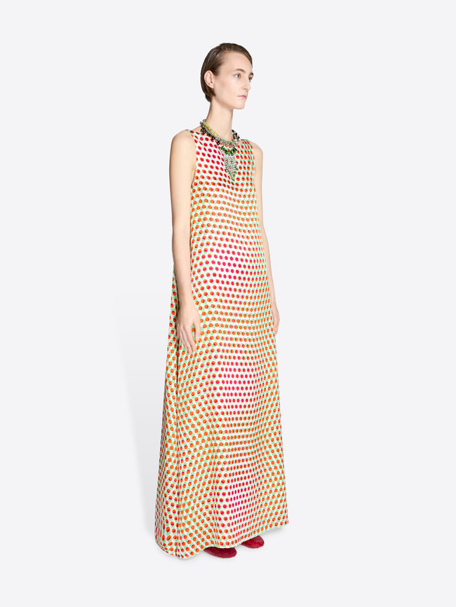 Woman wearing a long, patterned dress on a white background - Dries Van Noten