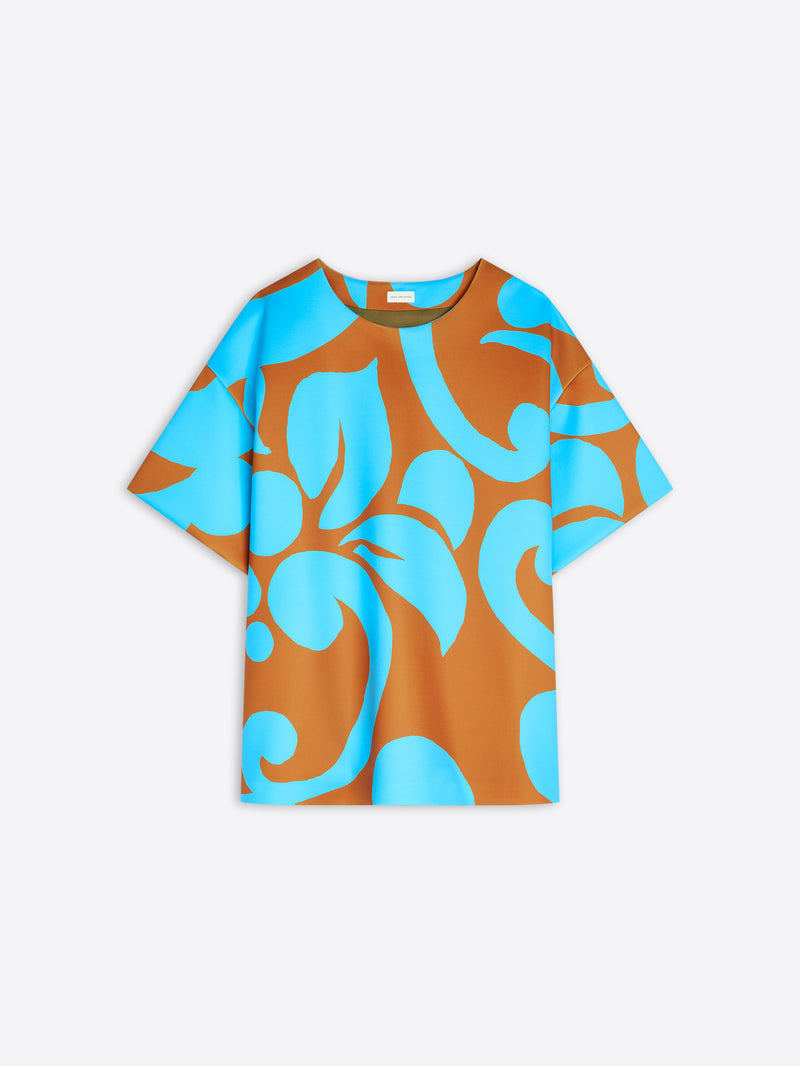 T-shirt with blue floral pattern on orange background - Dries Van Noten