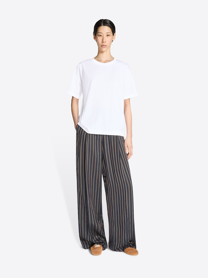 Person wearing a white t-shirt and striped pants on a white background - Dries Van Noten