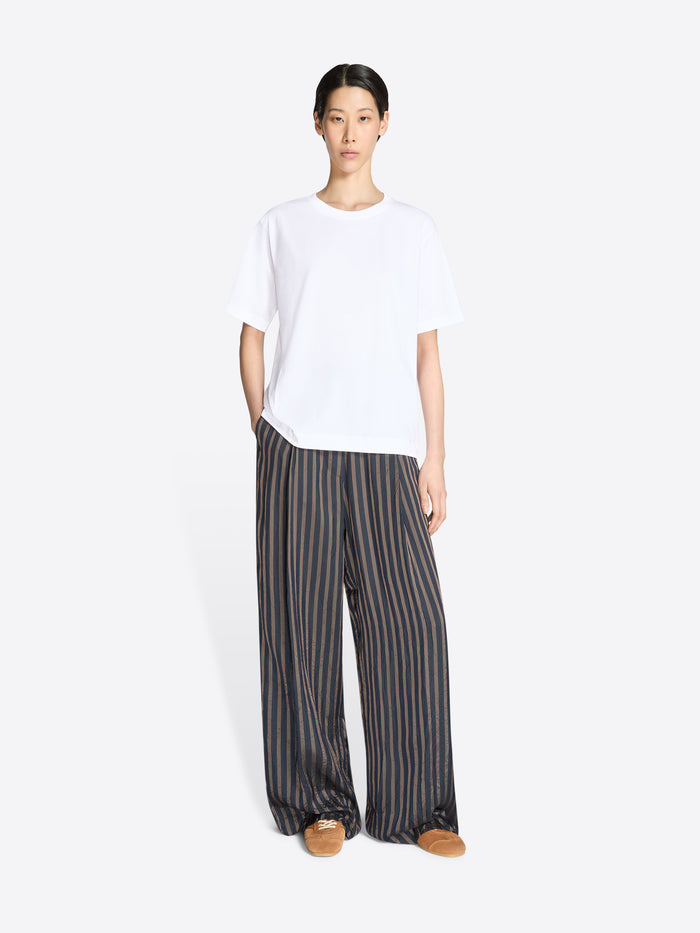 Person wearing a white t-shirt and striped pants on a white background - Dries Van Noten