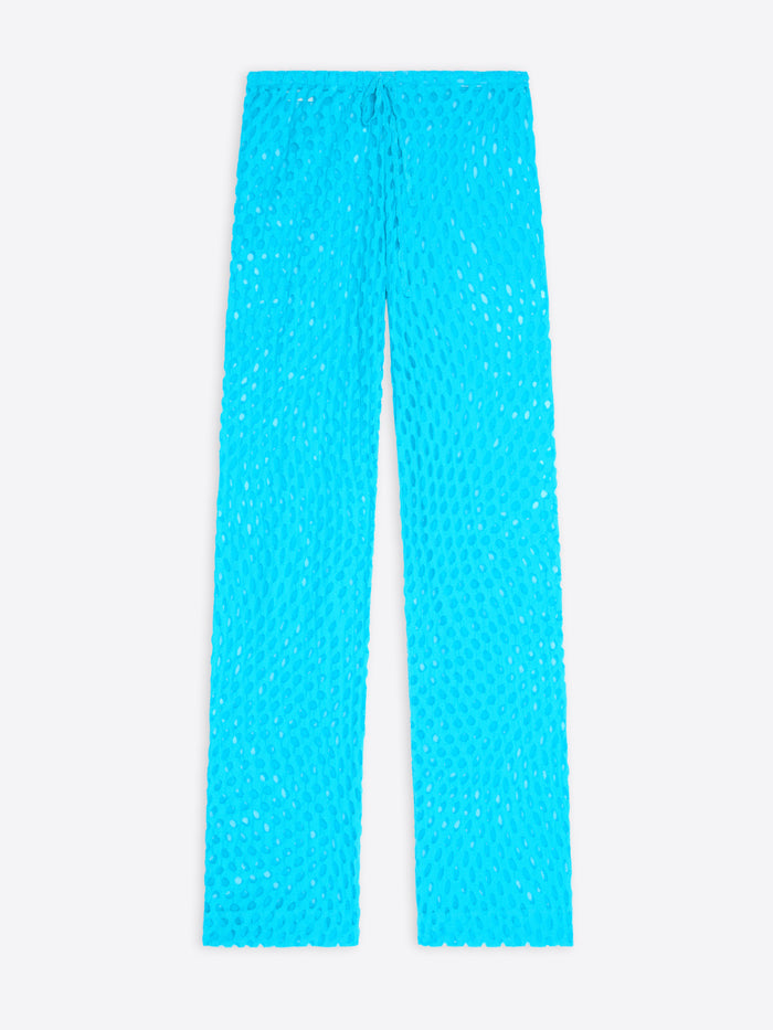 Turquoise pants with a subtle pattern on a white background - Dries Van Noten