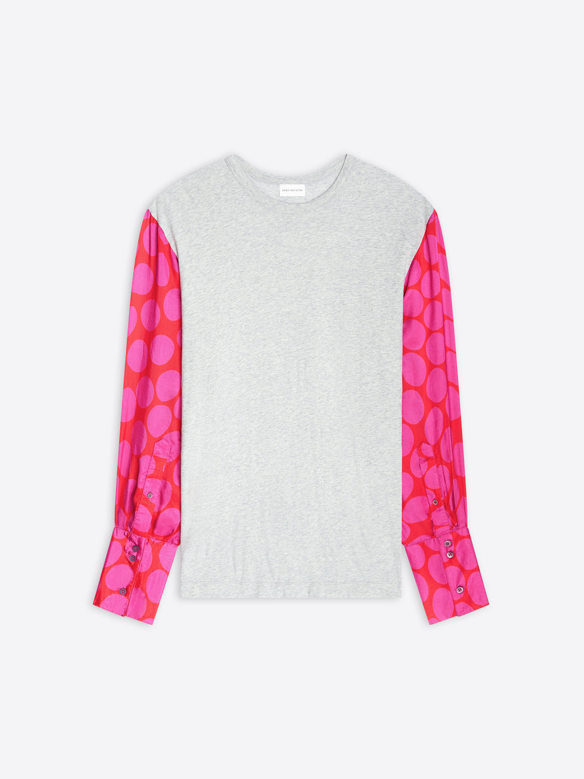 Gray sweater with pink patterned sleeves on a white background - Dries Van Noten