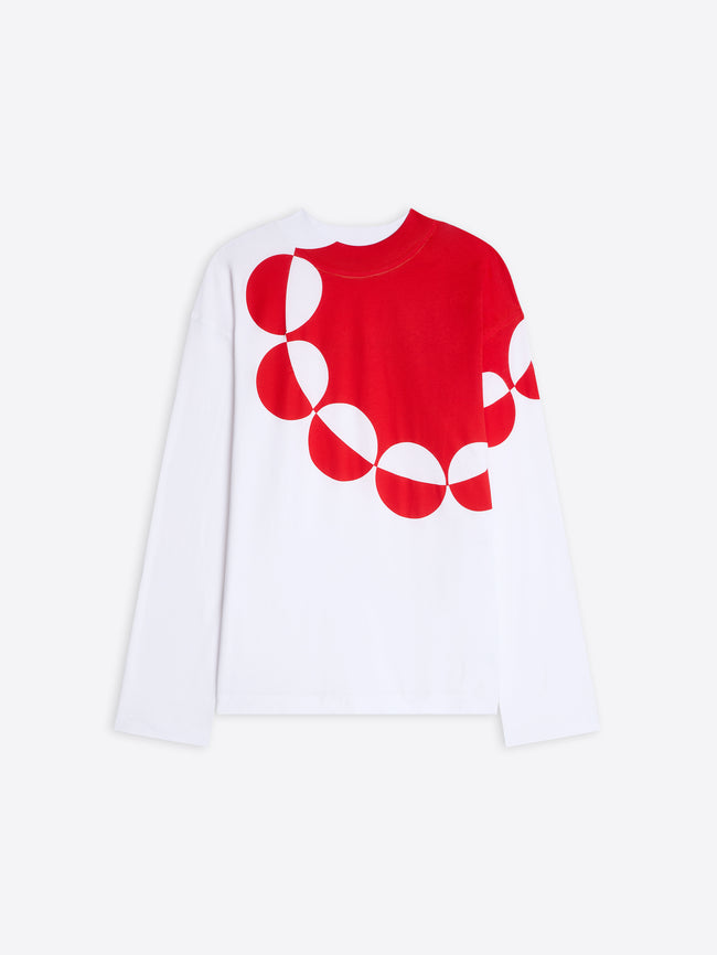 White long-sleeve shirt with a red and white geometric pattern on a white background - Dries Van Noten