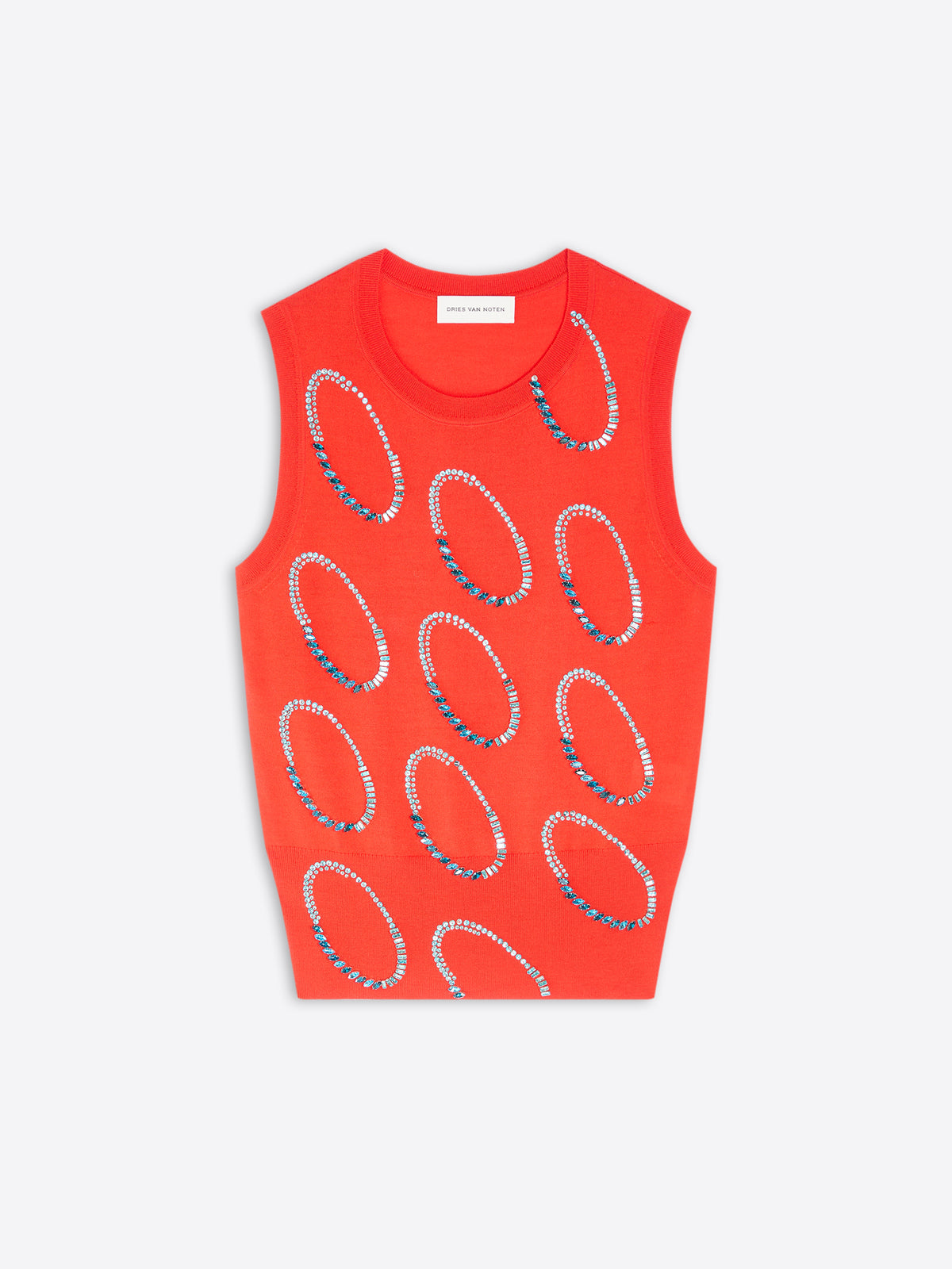 Red sleeveless top with oval patterns on a white background - Dries Van Noten