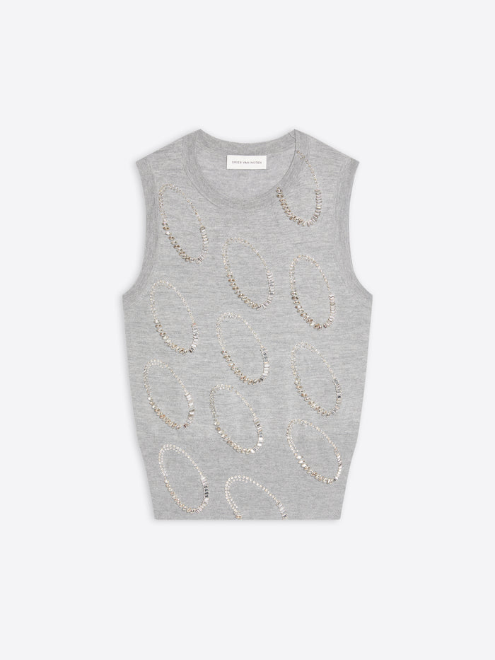 Gray sleeveless top with decorative patterns on a white background - Dries Van Noten