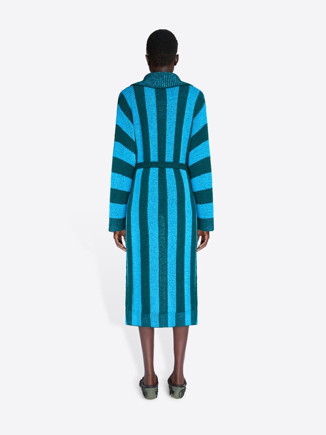 Person wearing a blue and green striped cardigan on a white background - Dries Van Noten