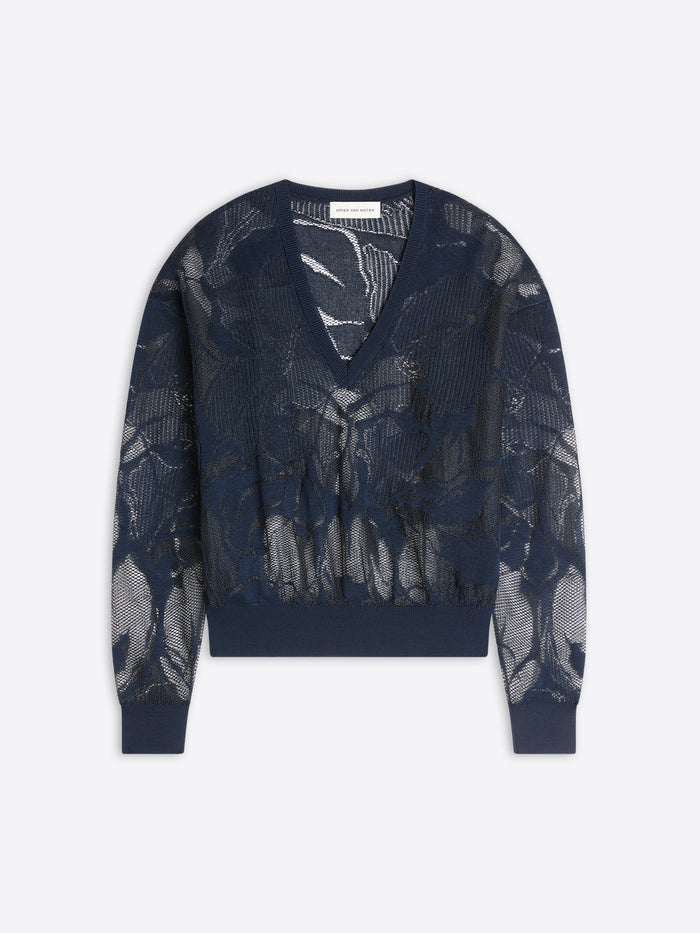 Navy blue sweater with abstract pattern on a light gray background - Dries Van Noten