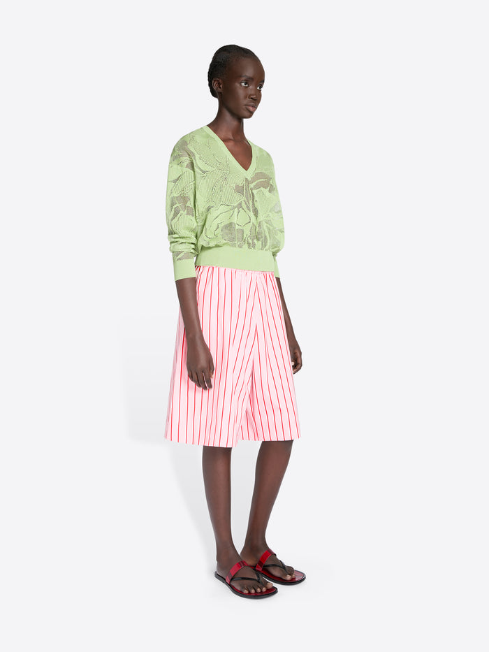 Woman wearing a light green sweater and pink striped skirt on a white background - Dries Van Noten