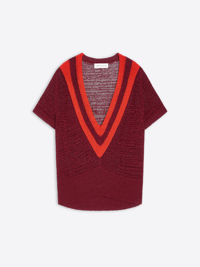 Red and black knitted sweater with V-neck on a white background - Dries Van Noten
