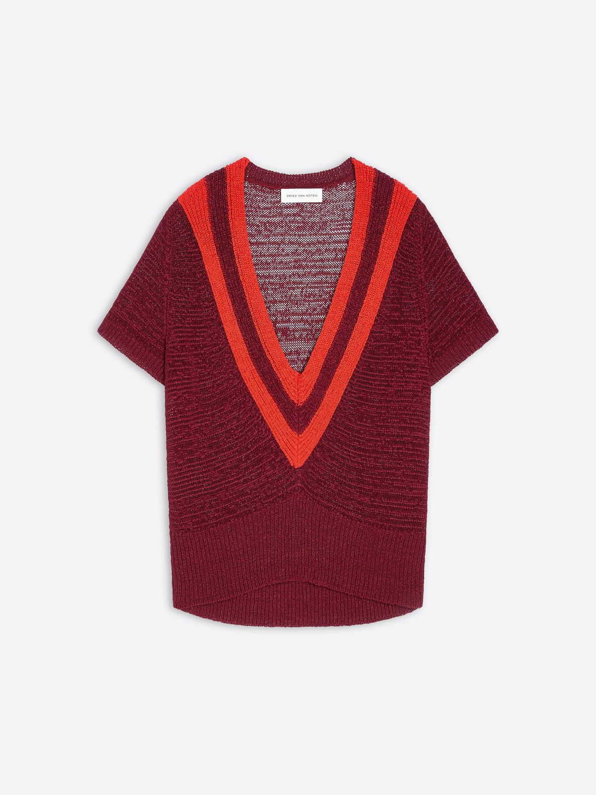 Red and black knitted sweater with V-neck on a white background - Dries Van Noten