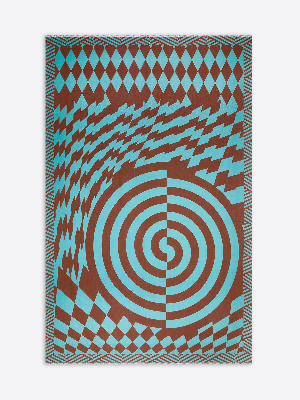 Geometric patterned scarf with blue and brown colors on a white background - Dries Van Noten