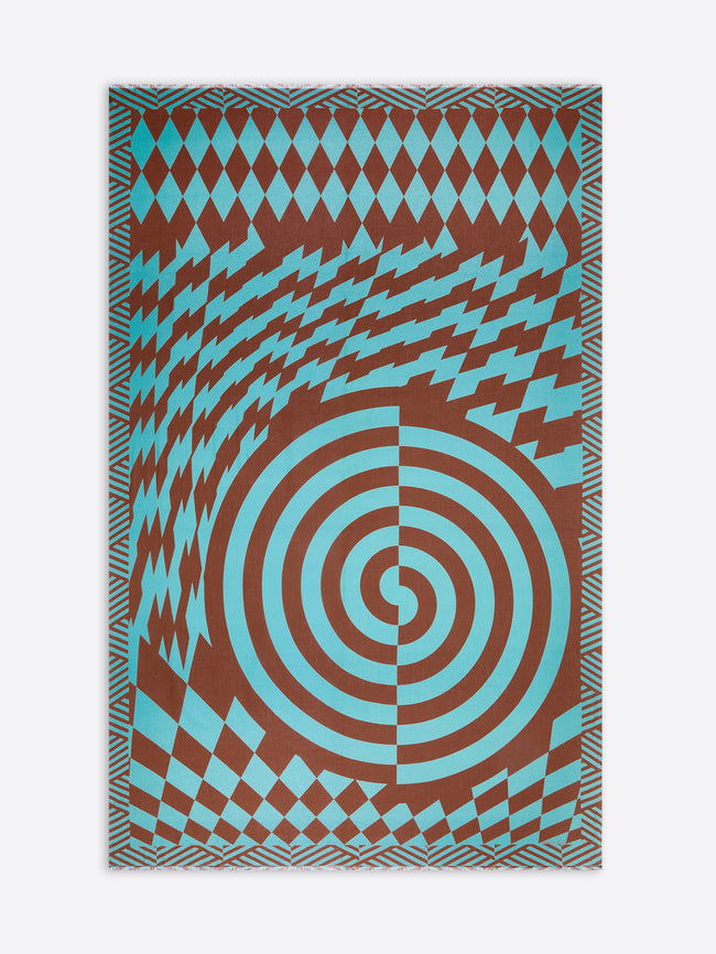 Geometric patterned scarf with blue and brown colors on a white background - Dries Van Noten