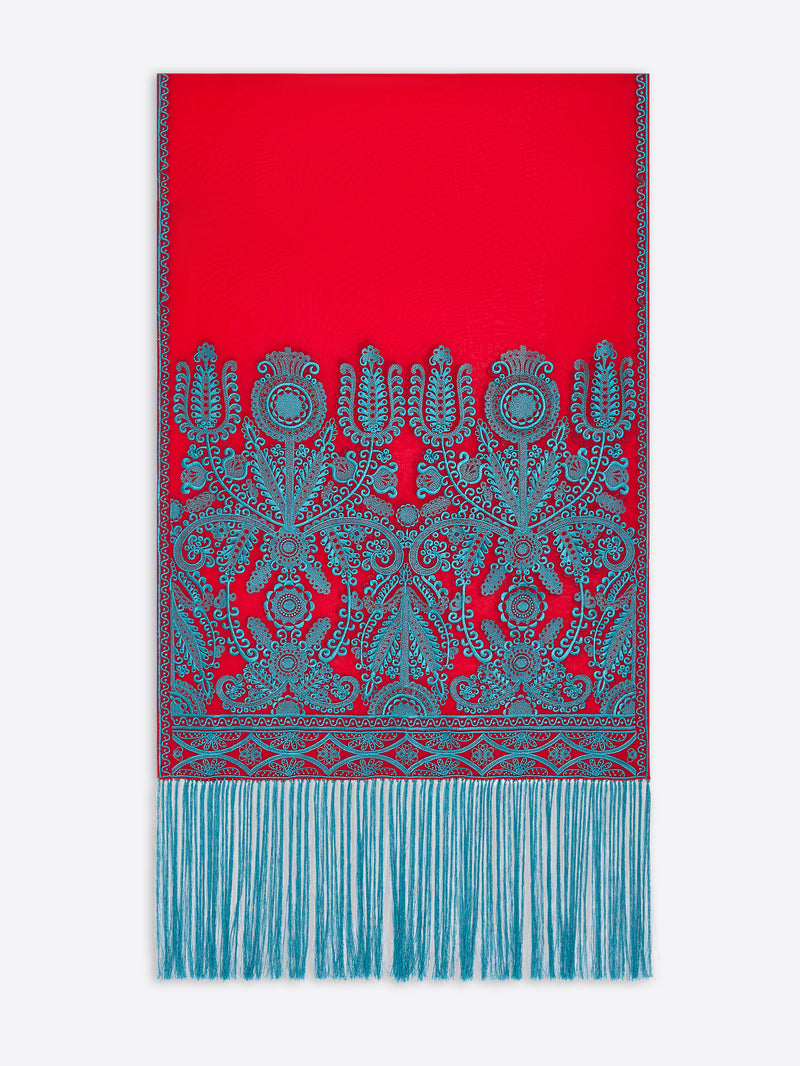 Red scarf with blue intricate pattern and fringes on a white background - Dries Van Noten