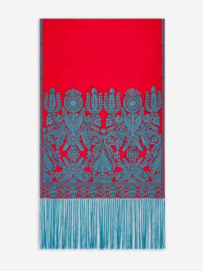 Red scarf with blue intricate pattern and fringes on a white background - Dries Van Noten