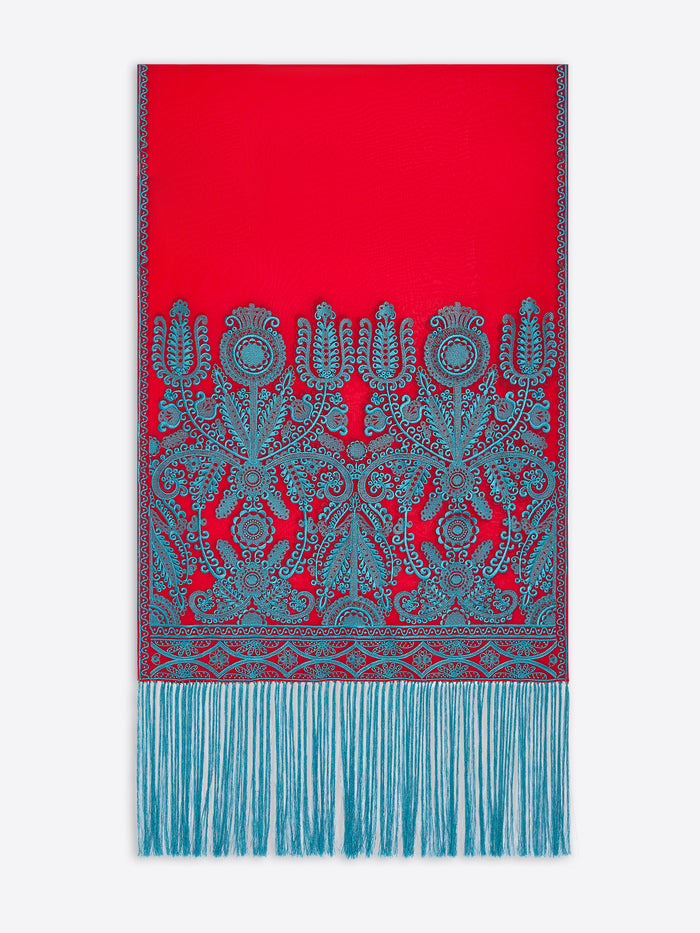 Red scarf with blue intricate pattern and fringes on a white background - Dries Van Noten