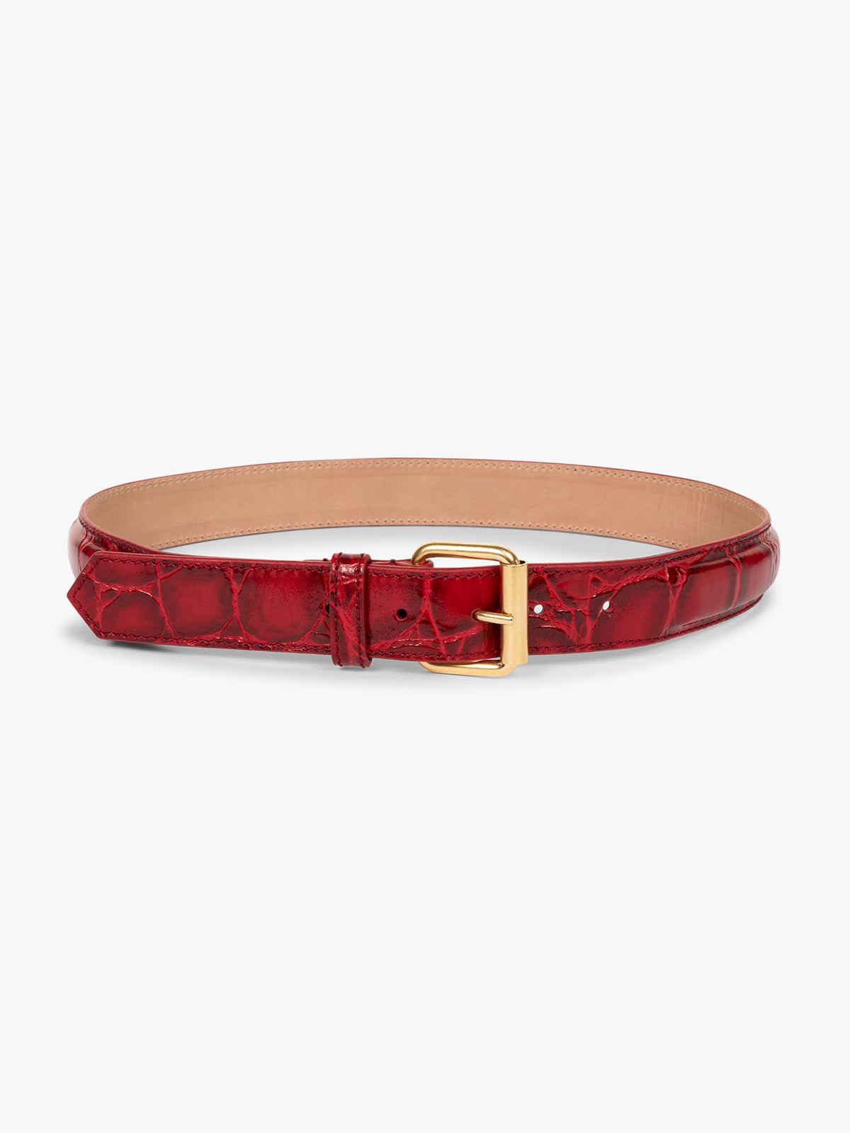 Red crocodile-patterned belt with a gold buckle on a white background - Dries Van Noten