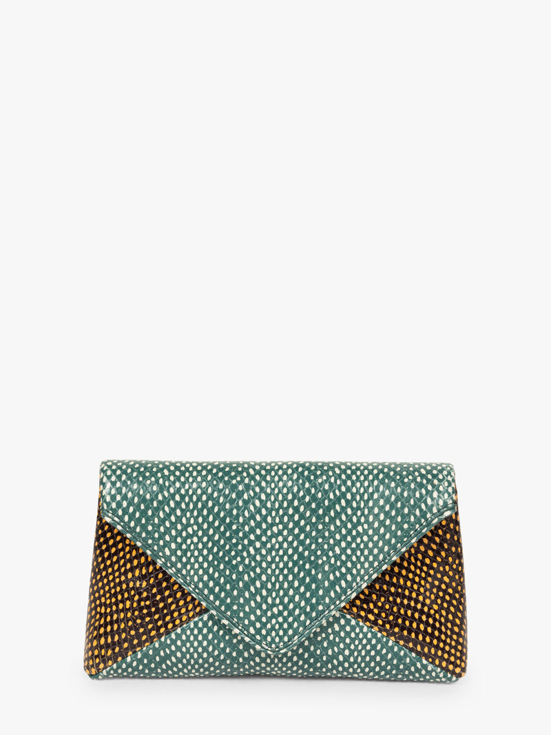Green clutch with gold accents on a white background - Dries Van Noten