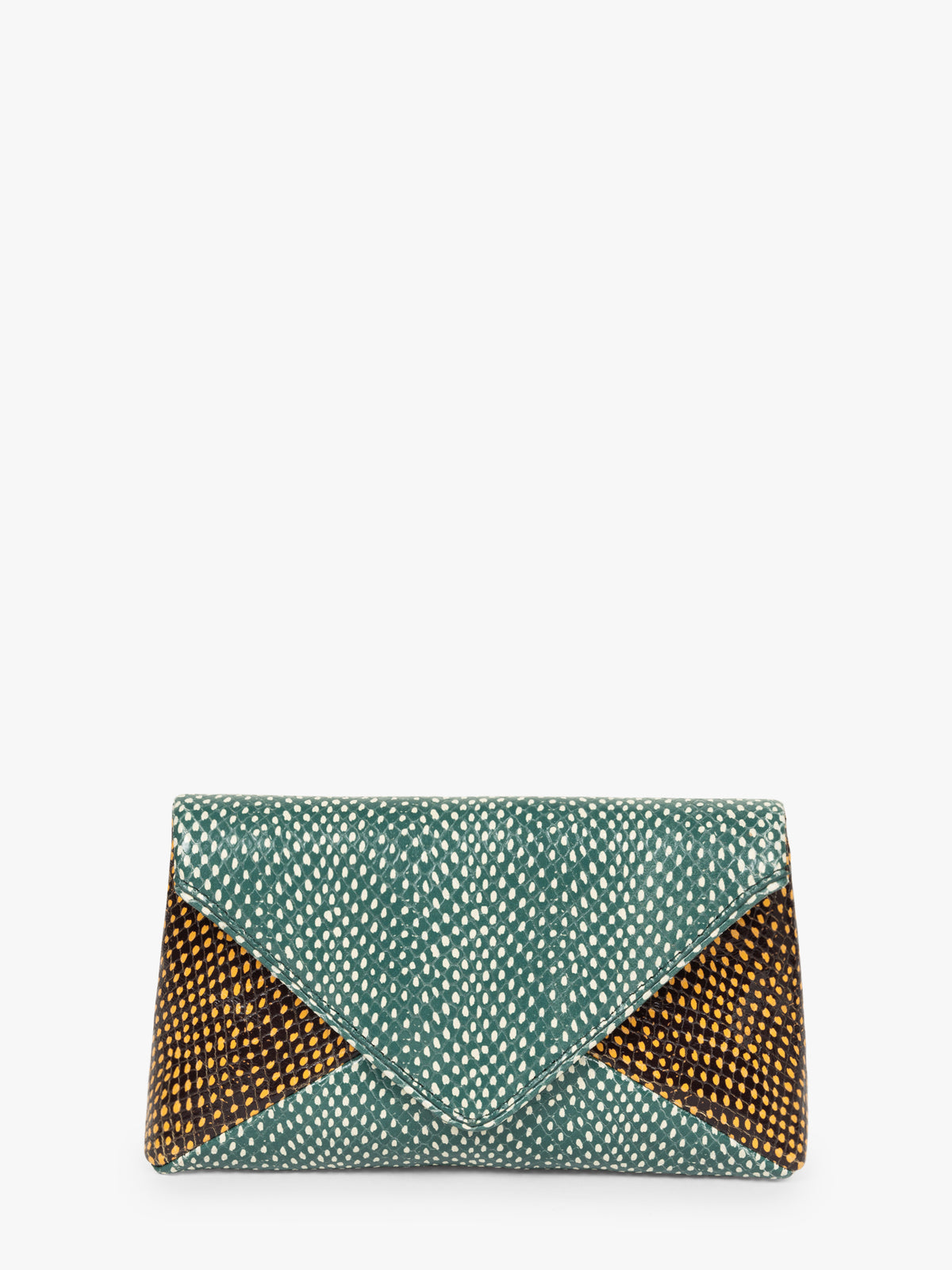 Green clutch with gold accents on a white background - Dries Van Noten