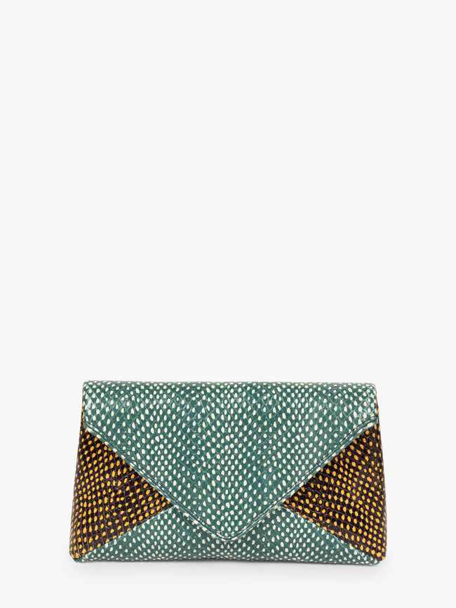 Green clutch with gold accents on a white background - Dries Van Noten