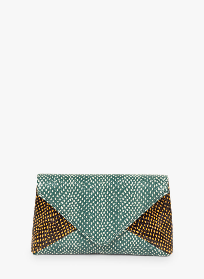 Green clutch with gold accents on a white background - Dries Van Noten