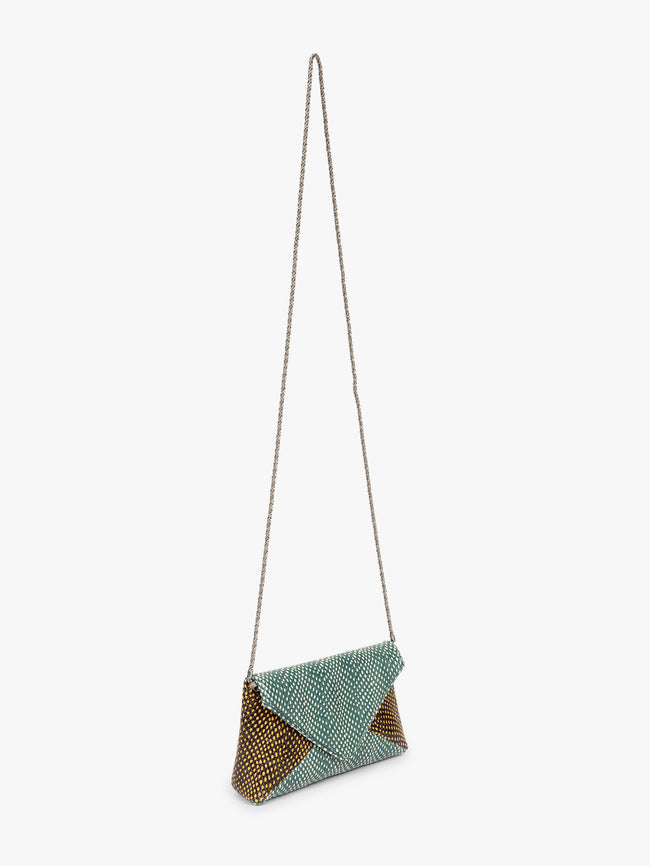 Green and brown beaded clutch bag with a chain strap on a white background - Dries Van Noten