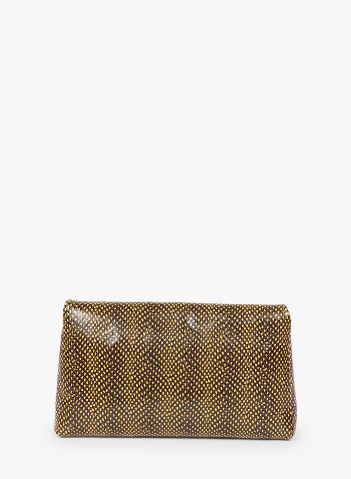 Gold clutch bag with a textured pattern on a white background - Dries Van Noten