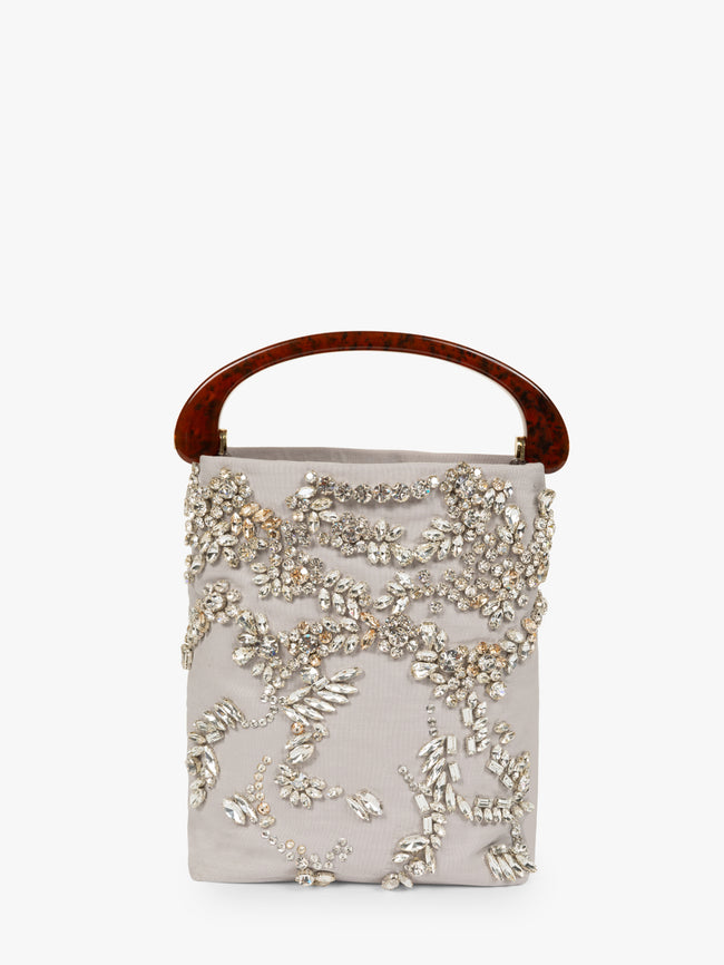 Elegant handbag with floral embroidery and wooden handle on a white background - Dries Van Noten