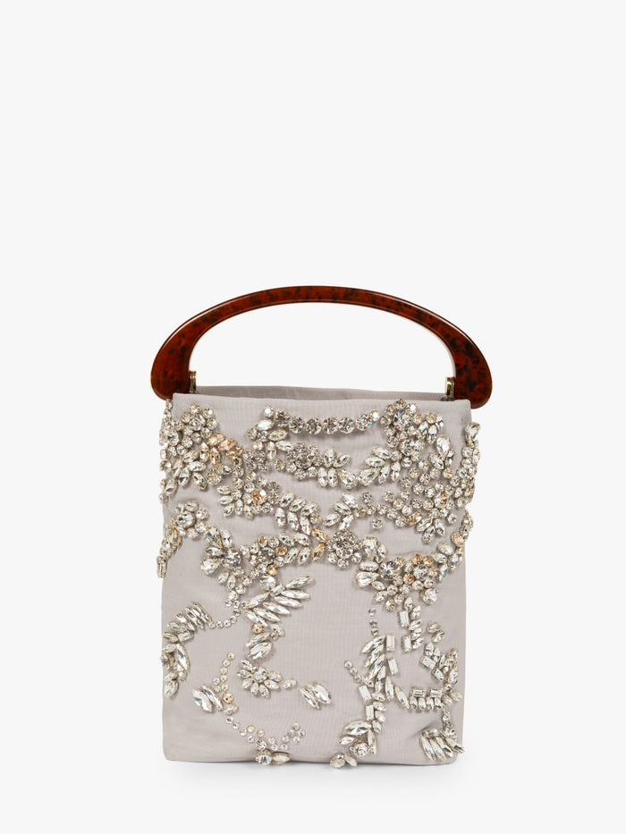 Elegant handbag with floral embroidery and wooden handle on a white background - Dries Van Noten