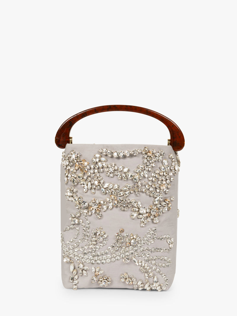 Elegant handbag with floral embellishments and a wooden handle on a white background - Dries Van Noten