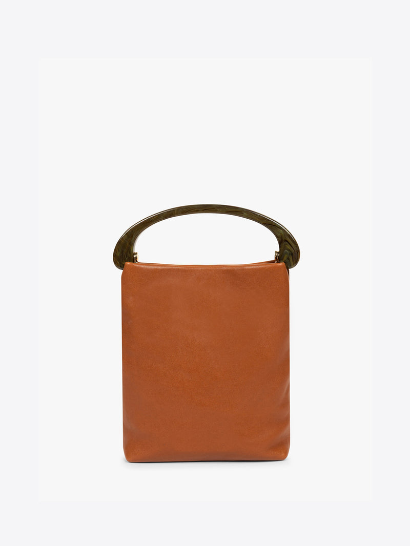 Brown leather handbag with a gold handle on a white background - Dries Van Noten