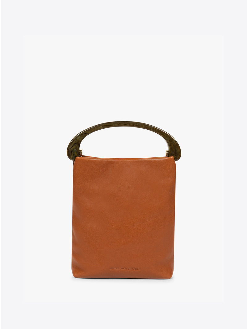 Brown leather handbag with a gold handle on a white background - Dries Van Noten
