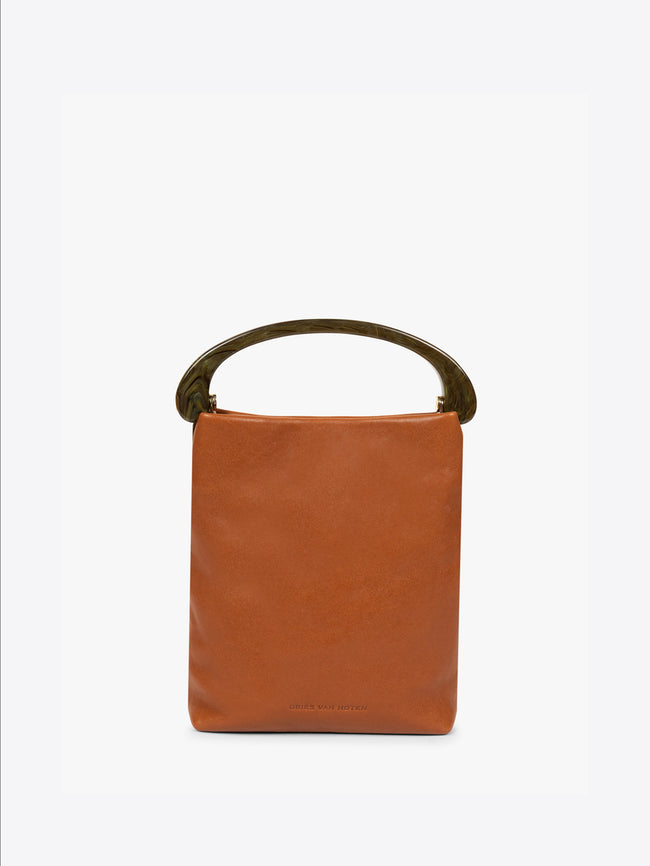 Brown leather handbag with a gold handle on a white background - Dries Van Noten
