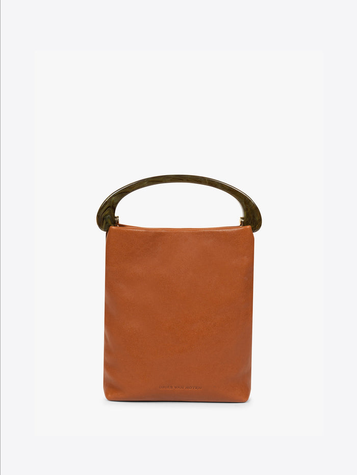 Brown leather handbag with a gold handle on a white background - Dries Van Noten
