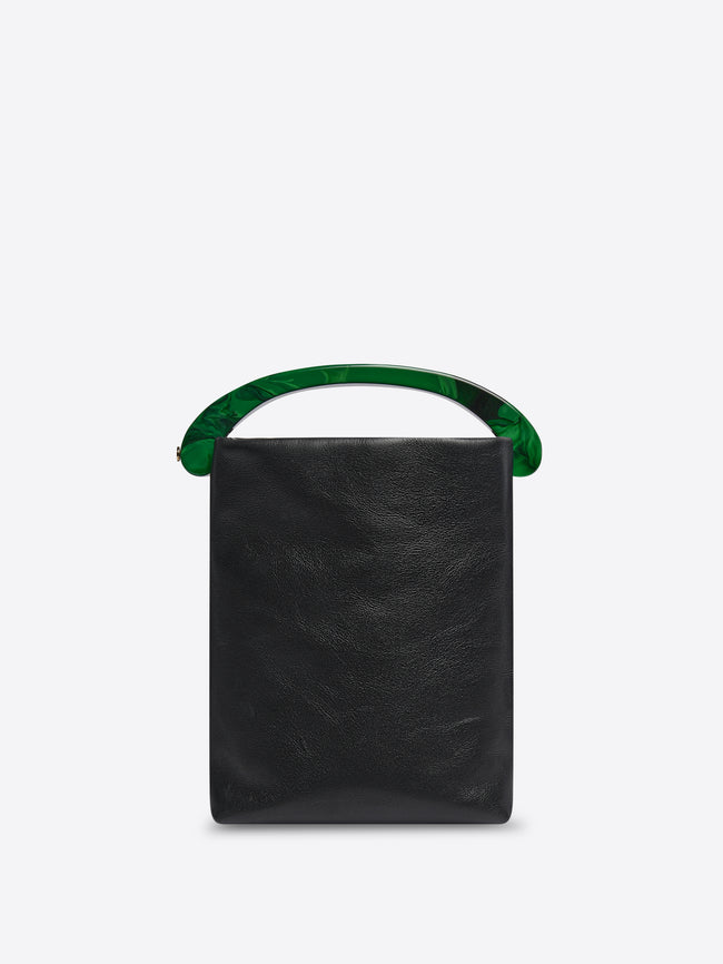 Black handbag with green handle on a white background - Dries Van Noten