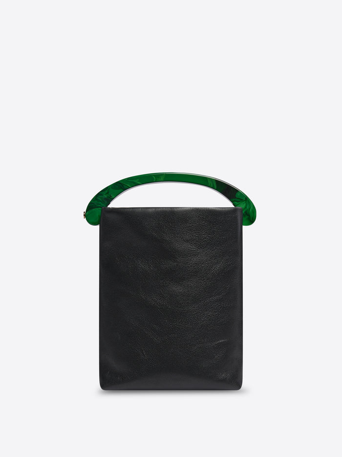 Black handbag with green handle on a white background - Dries Van Noten