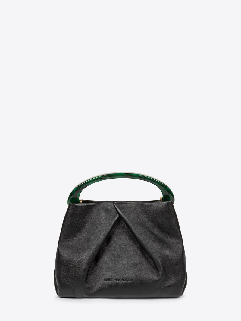 Black handbag with green handle on a white background - Dries Van Noten