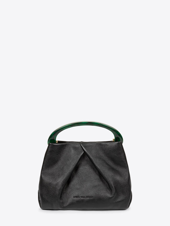 Black handbag with green handle on a white background - Dries Van Noten