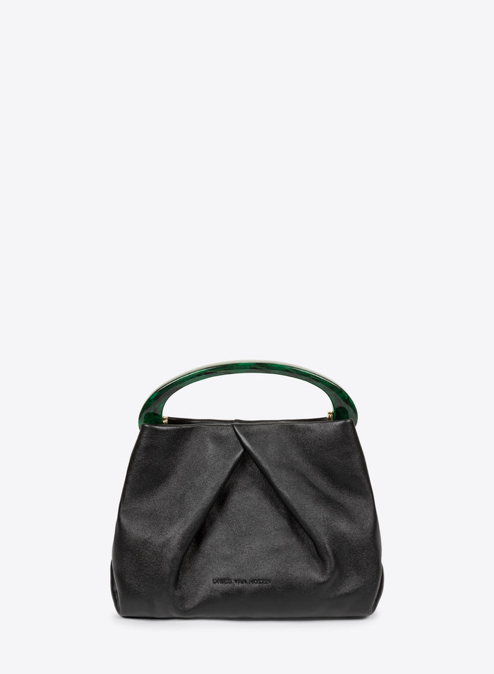 Black handbag with green handle on a white background - Dries Van Noten