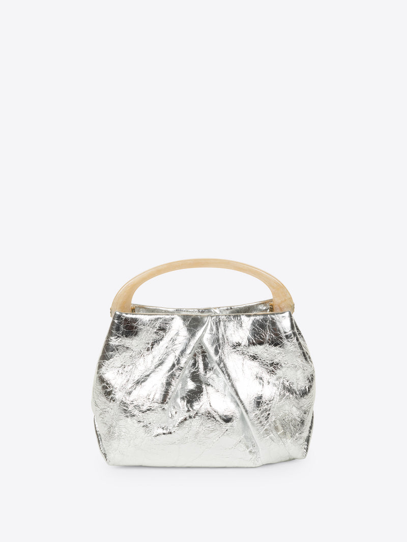 Silver metallic handbag with wooden handle on a white background