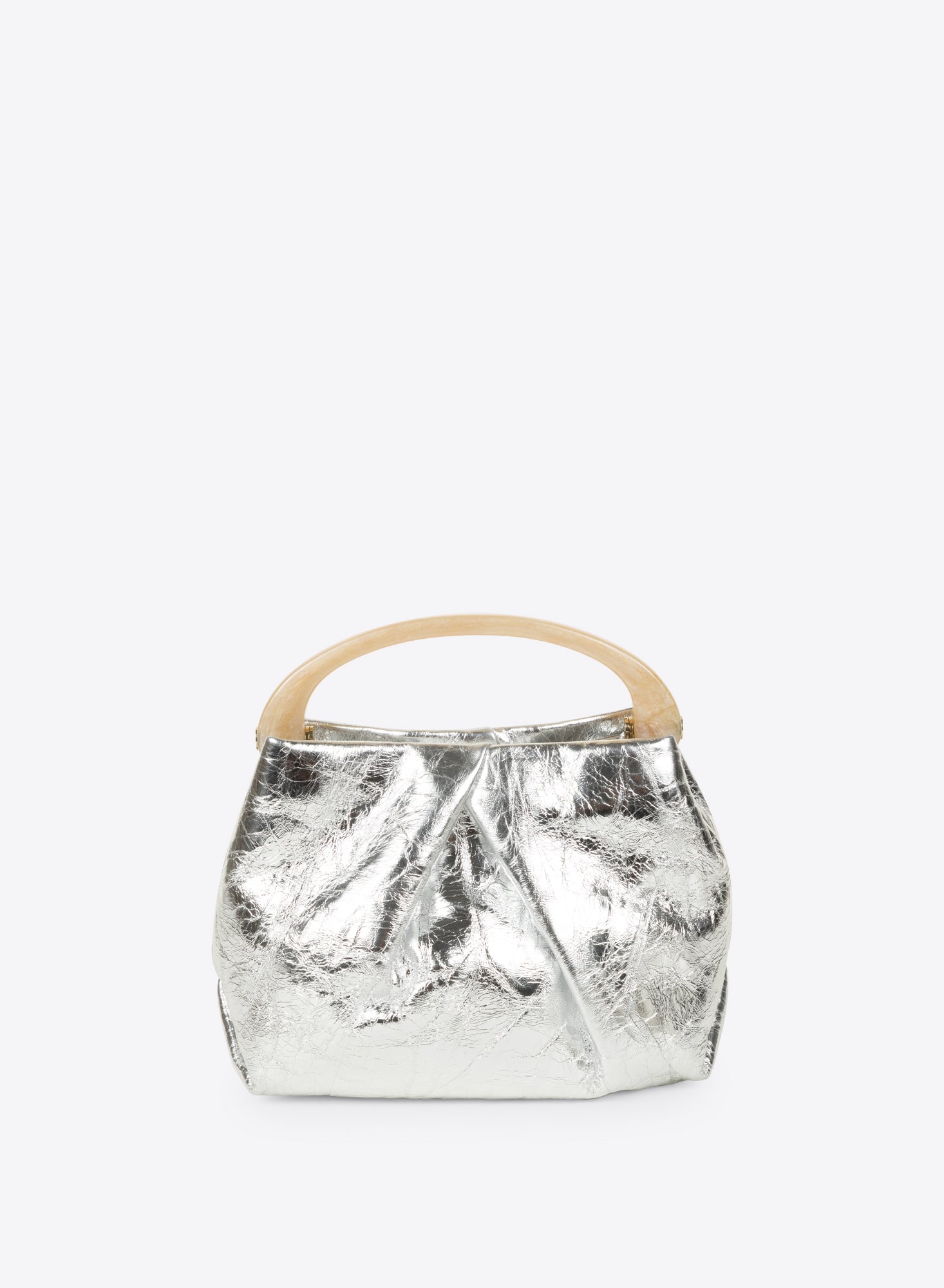 Silver metallic handbag with wooden handle on a white background - Dries Van Noten