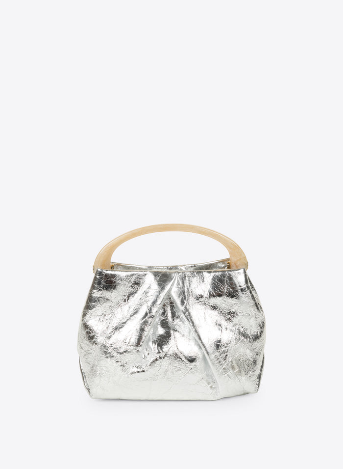 Silver metallic handbag with wooden handle on a white background
