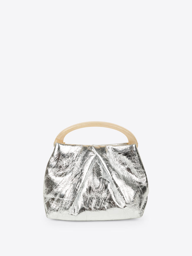 Silver metallic handbag with wooden handle on a white background