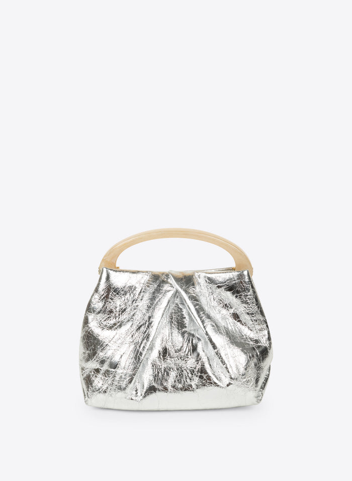 Silver metallic handbag with wooden handle on a white background