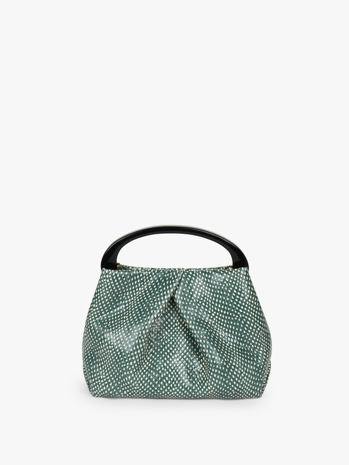 Green textured handbag with a black handle on a white background - Dries Van Noten