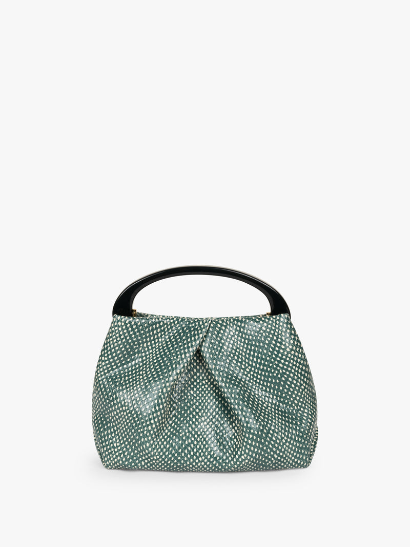 Green textured handbag with a black handle on a white background - Dries Van Noten